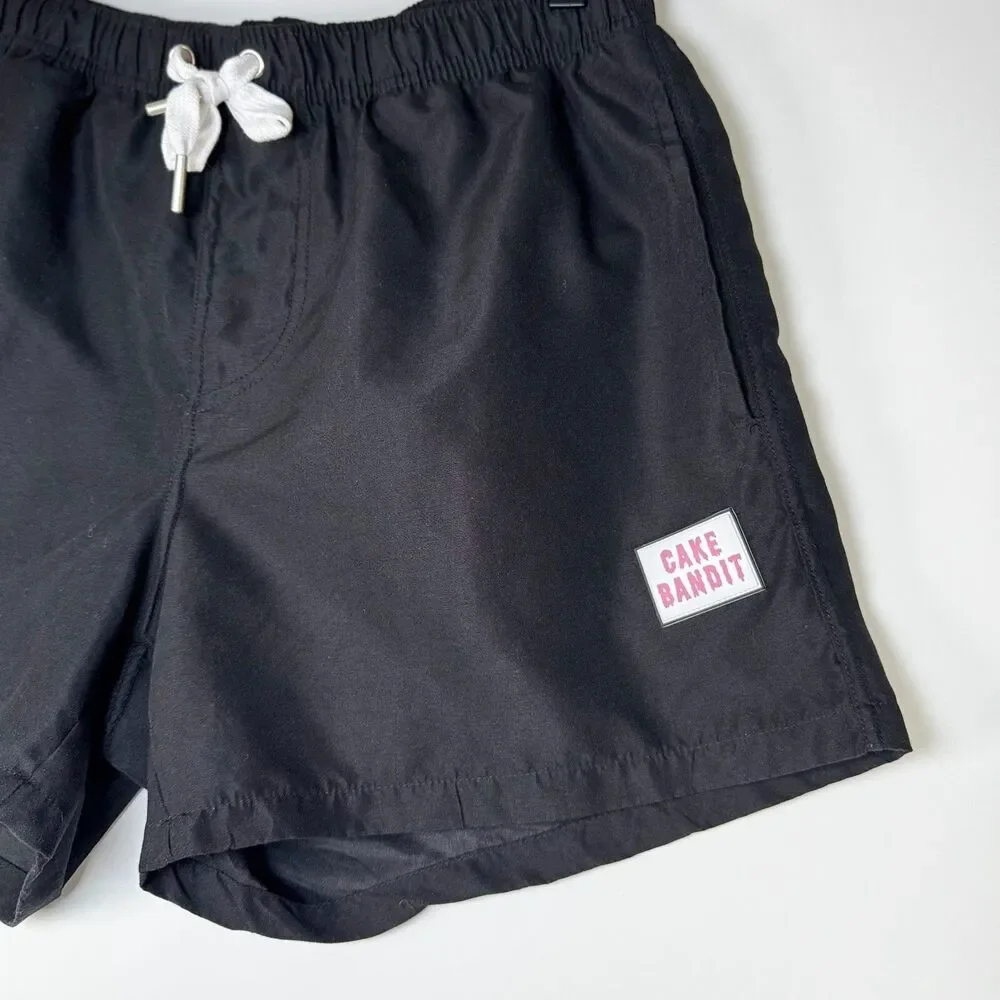 Cake Bandit Swim Trunks Men Medium Black Lined Drawstring Packing Friendly Short